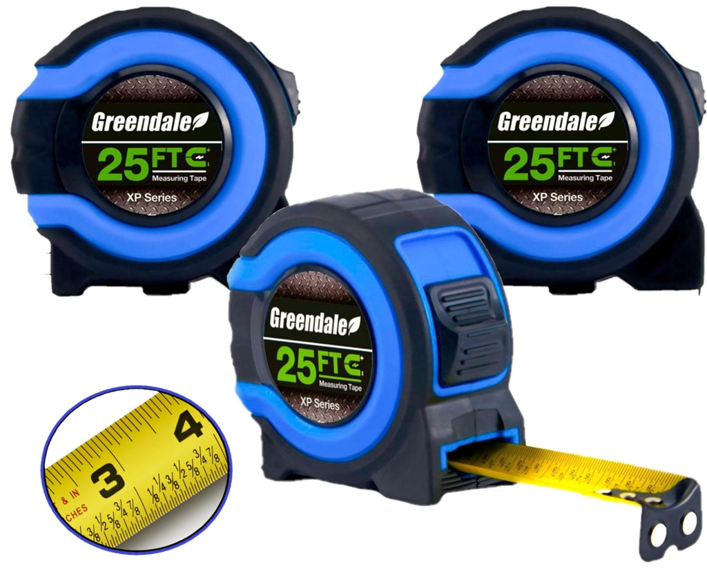 Greendale 3 Pack Tape Measures 25 ft – Easy-Read Fractions, Magnetic Tip, Quick-Lock & Auto-Retract – Blue