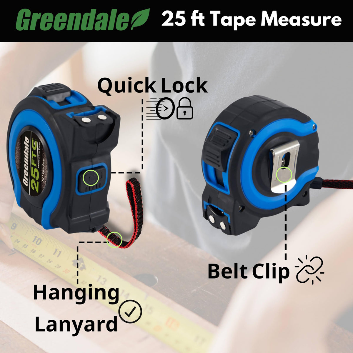 Greendale 3 Pack Tape Measures 25 ft – Easy-Read Fractions, Magnetic Tip, Quick-Lock & Auto-Retract – Blue