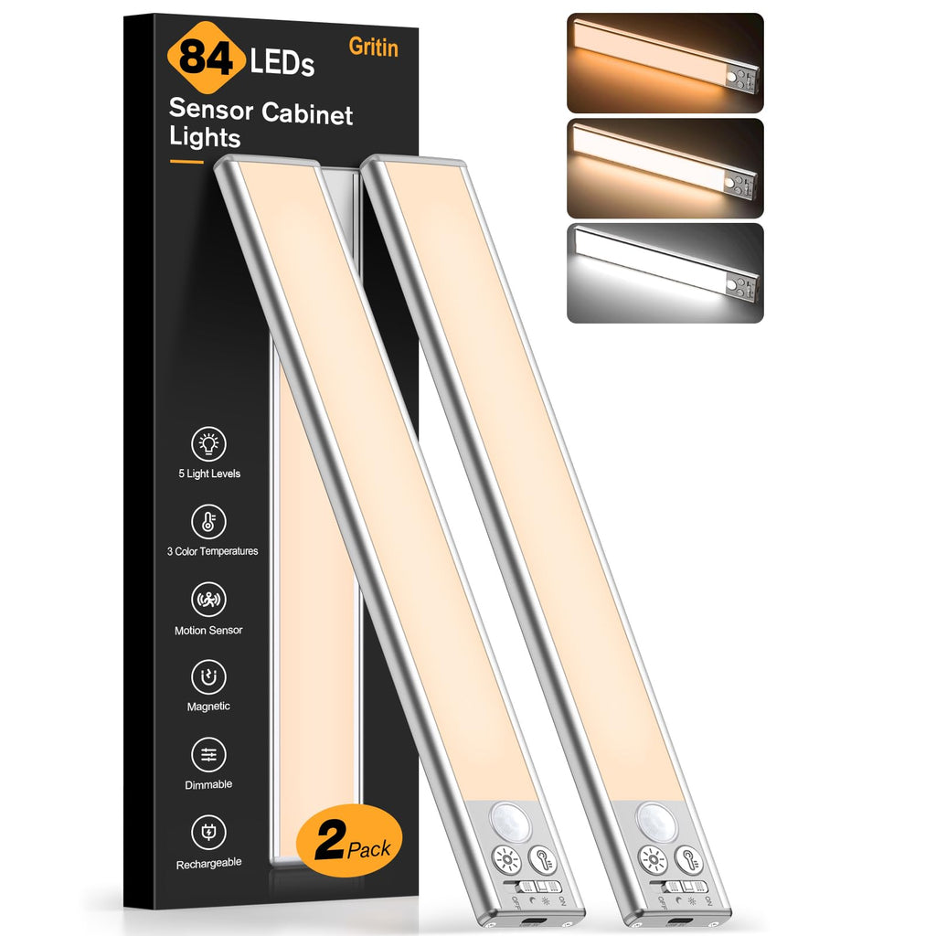 Gritin 10.2-Inch Under Cabinet Lighting (2 Pack) – 3 Color Temps, 5 Brightness Levels, USB-C Rechargeable, Magnetic Installation, Motion Sensor