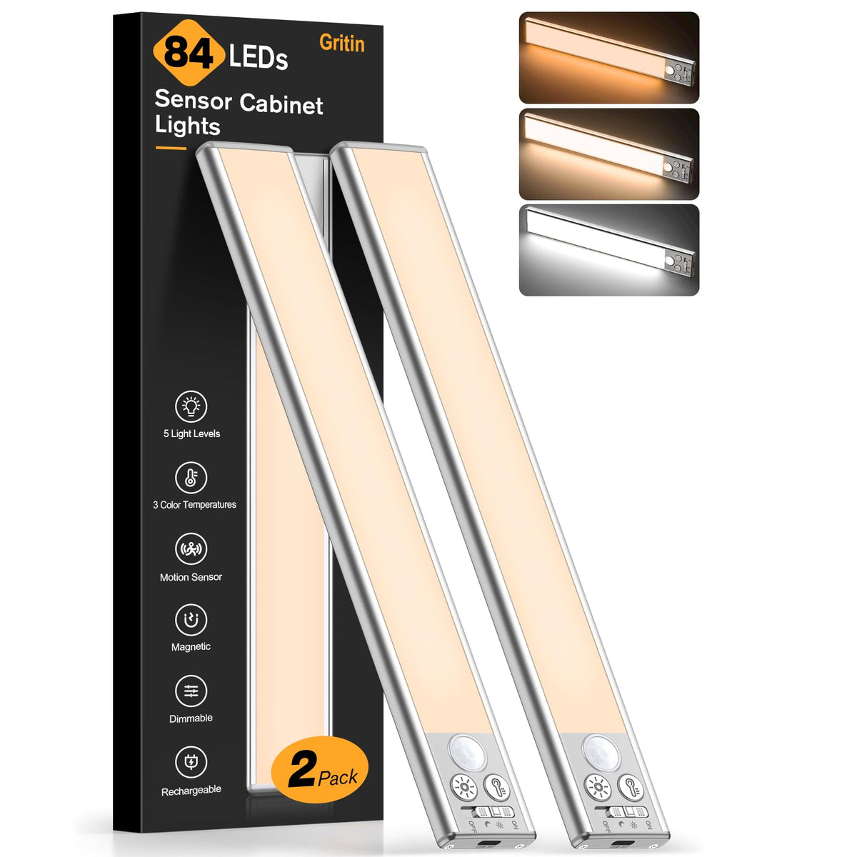 Gritin 10.2-Inch Under Cabinet Lighting (2 Pack) – 3 Color Temps, 5 Brightness Levels, USB-C Rechargeable, Magnetic Installation, Motion Sensor
