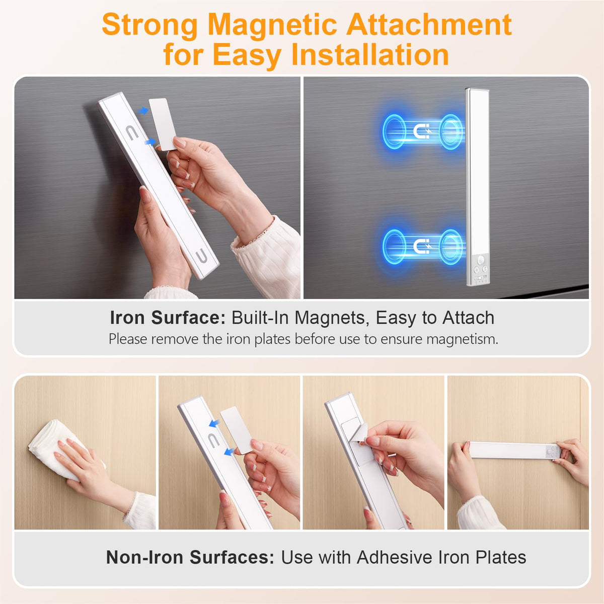 Gritin 10.2-Inch Under Cabinet Lighting (2 Pack) – 3 Color Temps, 5 Brightness Levels, USB-C Rechargeable, Magnetic Installation, Motion Sensor