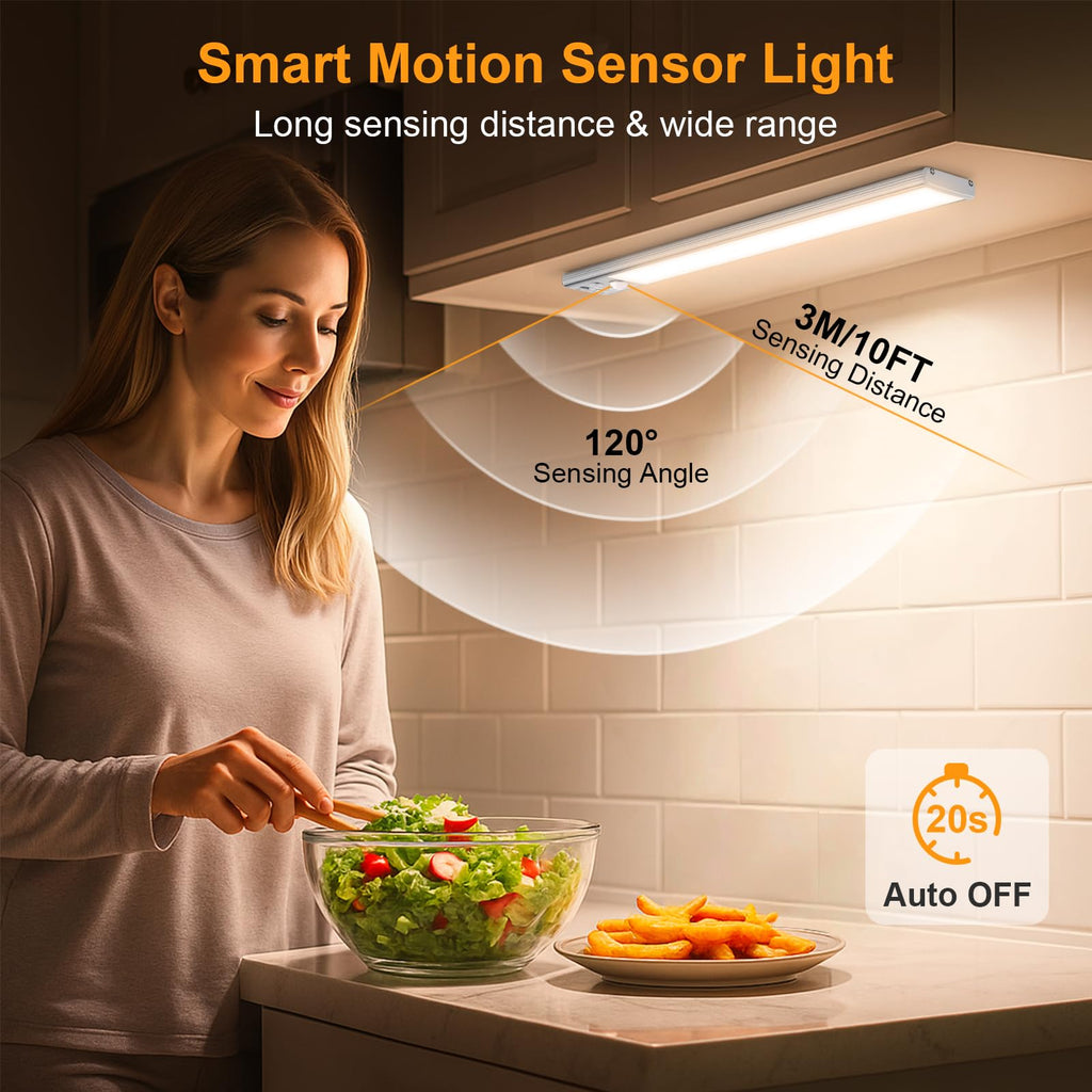 Gritin 10.2-Inch Under Cabinet Lighting (2 Pack) – 3 Color Temps, 5 Brightness Levels, USB-C Rechargeable, Magnetic Installation, Motion Sensor