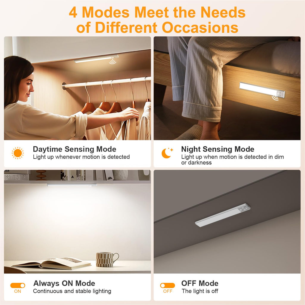Gritin 10.2-Inch Under Cabinet Lighting (2 Pack) – 3 Color Temps, 5 Brightness Levels, USB-C Rechargeable, Magnetic Installation, Motion Sensor