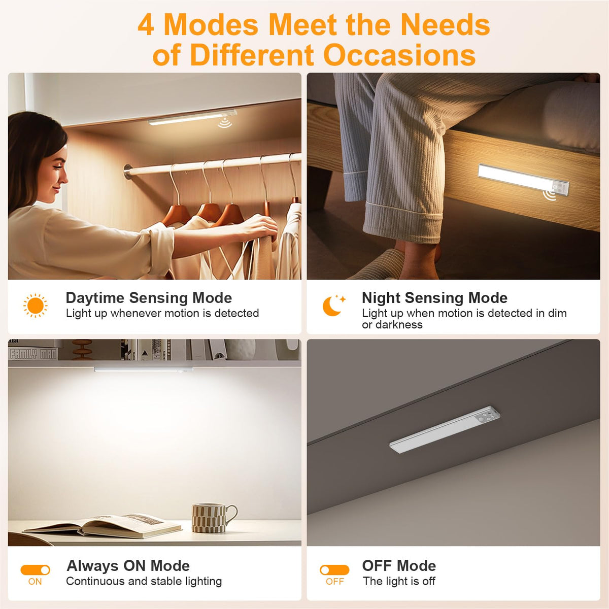 Gritin 10.2-Inch Under Cabinet Lighting (2 Pack) – 3 Color Temps, 5 Brightness Levels, USB-C Rechargeable, Magnetic Installation, Motion Sensor