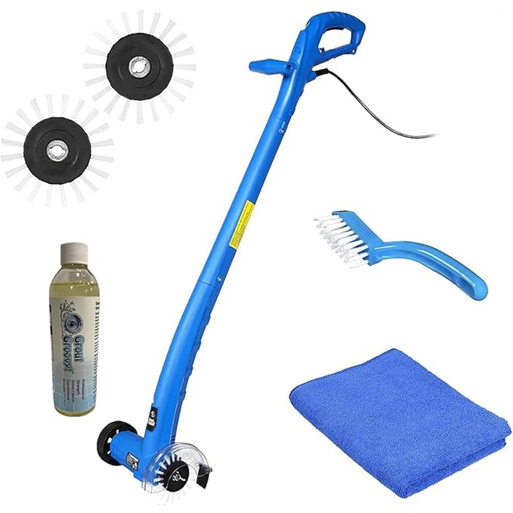 Grout Groovy! Grout Cleaner Bundle — Electric Stand-Up Cleaner with 20 ft Cord & 3 Brush Wheels