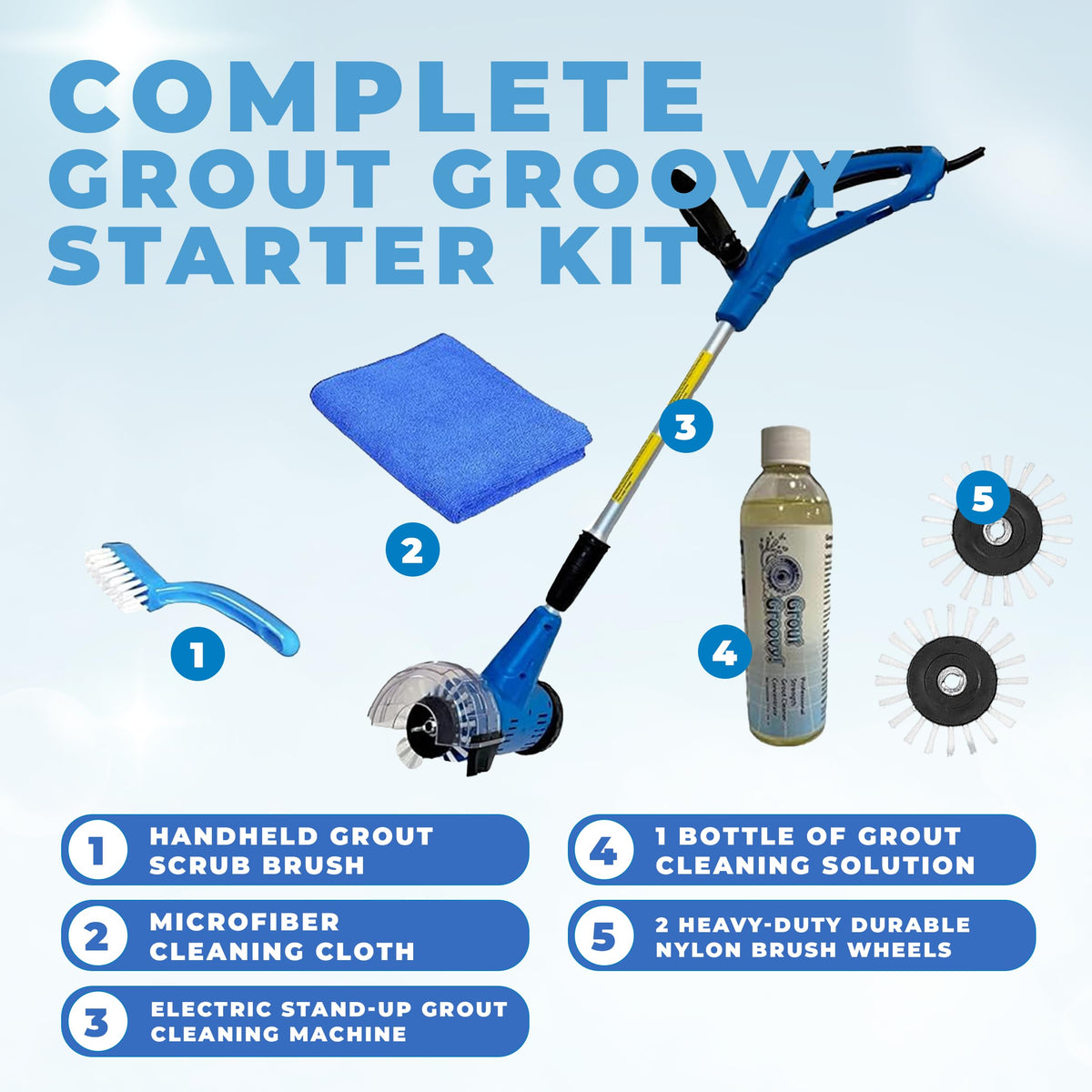 Grout Groovy! Grout Cleaner Bundle — Electric Stand-Up Cleaner with 20 ft Cord & 3 Brush Wheels