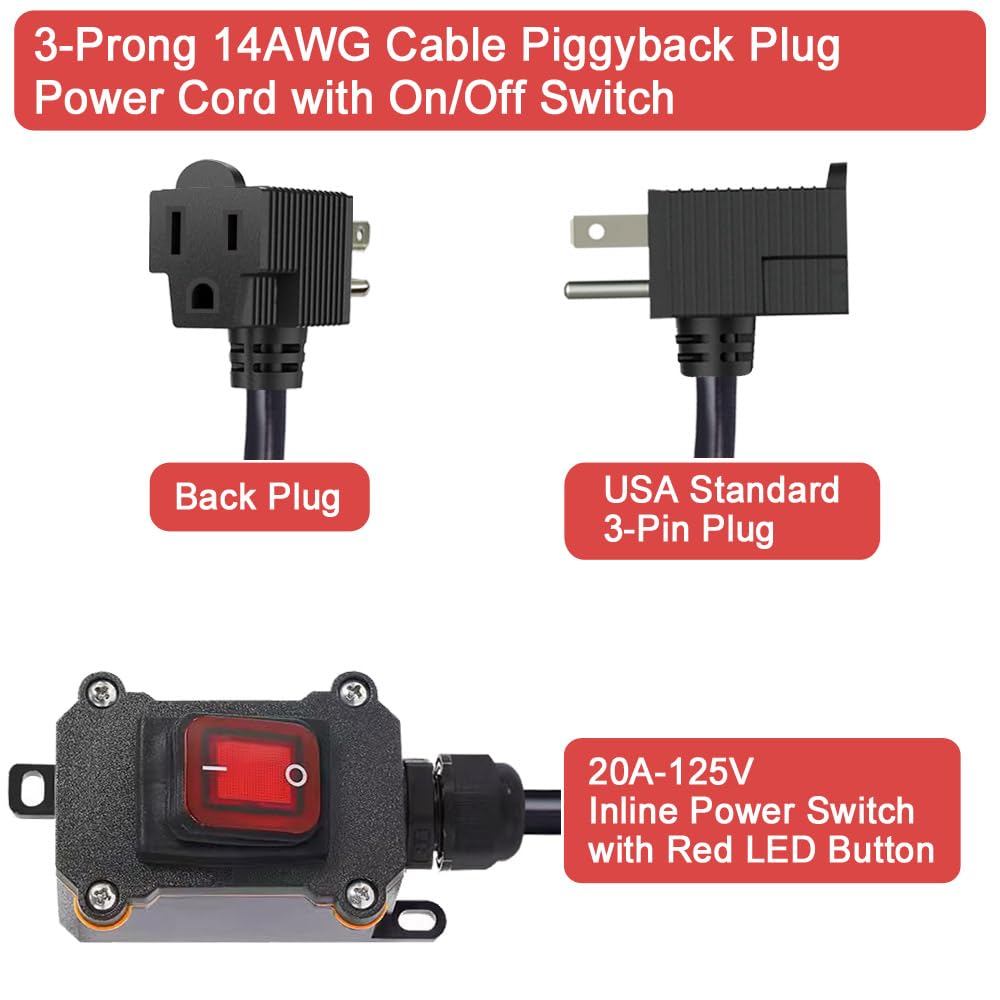 GRZWAYS Inline Cord Switch | 14AWG 1m, IP67 Waterproof, Red LED Rocker