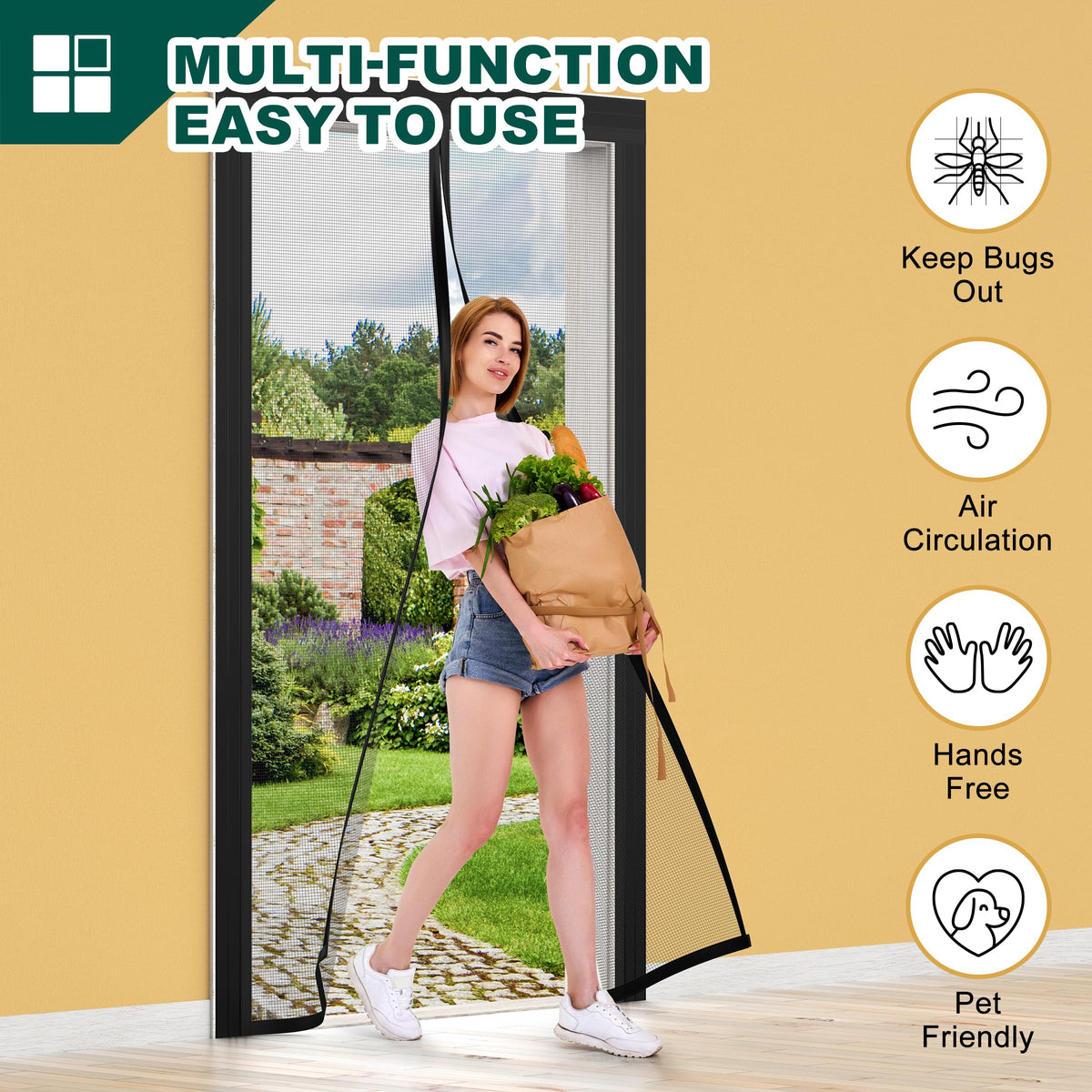 HADOR Adjustable Magnetic Screen Door — 36-40 in W × 81-83 in H, Heavy-Duty Black