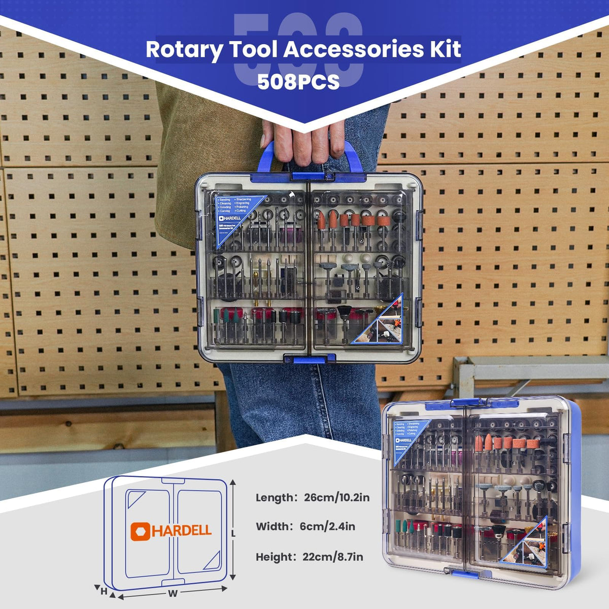 HARDELL Rotary Tool Accessories Kit — 508pcs, 1/8 in Shanks, Universal Fit for Dremel & More