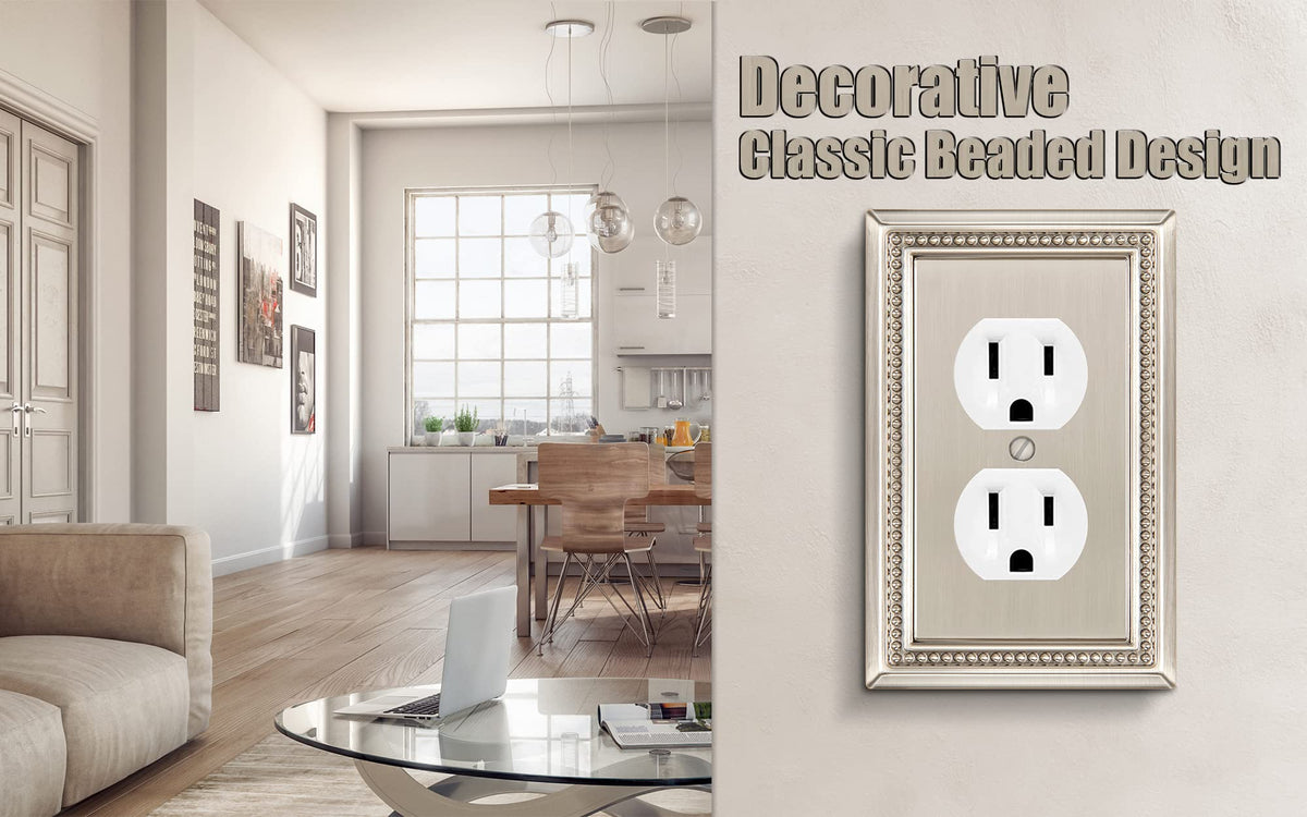 Henne Bery Sunken Pearls Heavy Duty Decorative Wall Plate – Satin Nickel (Single Duplex, 3 Pack)
