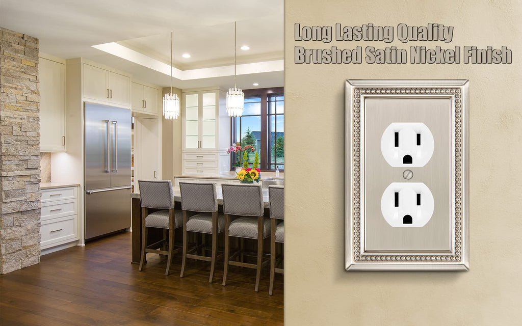 Henne Bery Sunken Pearls Heavy Duty Decorative Wall Plate – Satin Nickel (Single Duplex, 3 Pack)