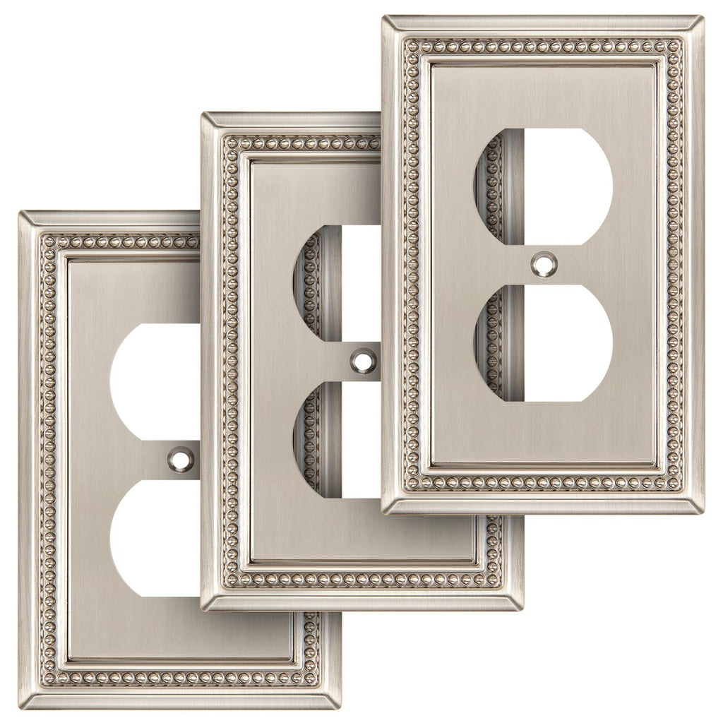 Henne Bery Sunken Pearls Heavy Duty Decorative Wall Plate – Satin Nickel (Single Duplex, 3 Pack)