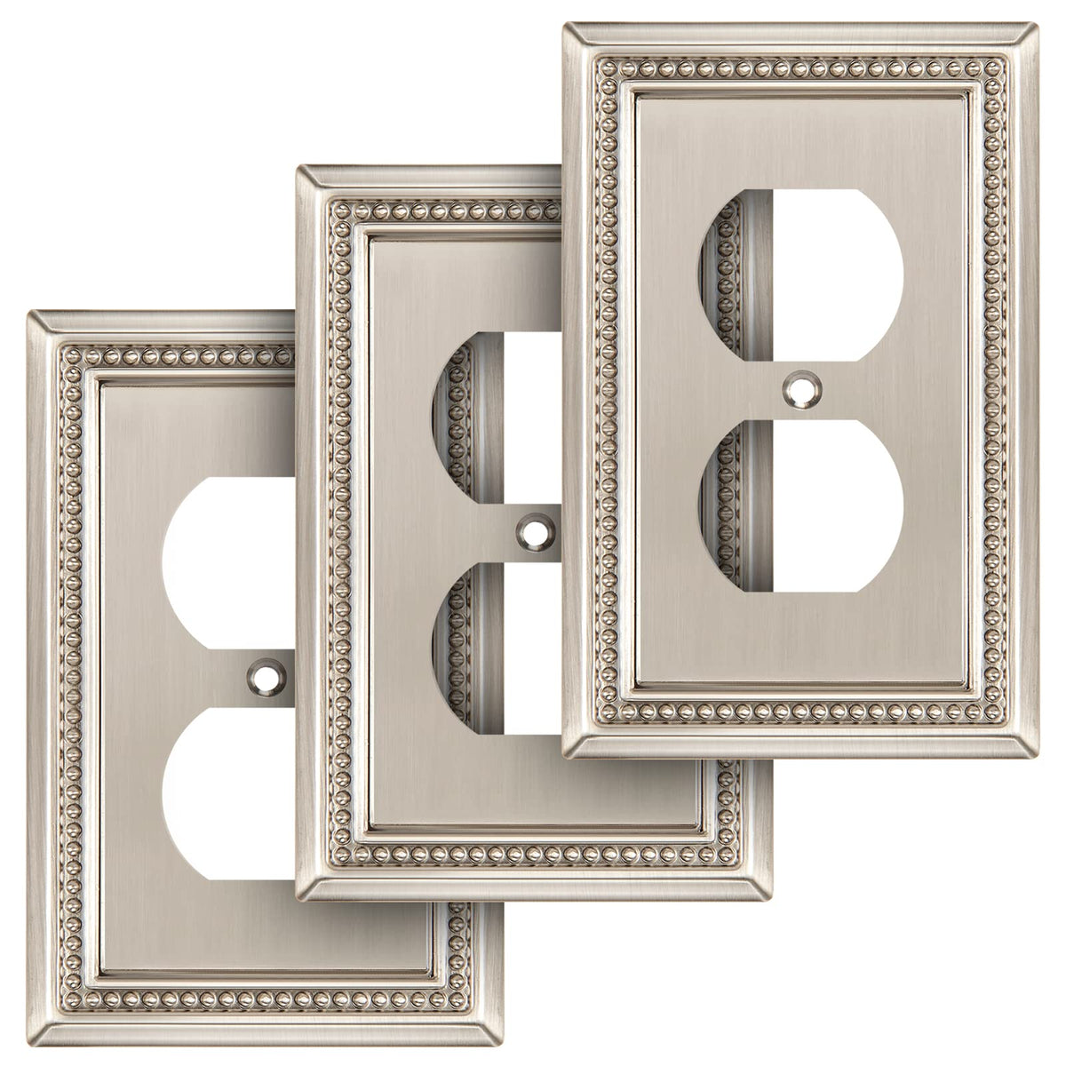 Henne Bery Sunken Pearls Heavy Duty Decorative Wall Plate – Satin Nickel (Single Duplex, 3 Pack)
