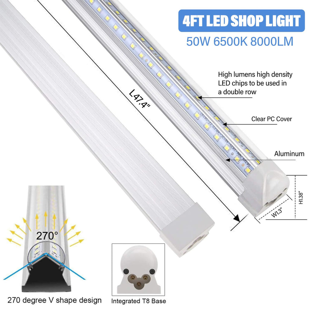 Henwsi 10Pack 4FT LED Shop Light - 50W, 8000LM, 6500K, Linkable T8 Tube – Plug & Play