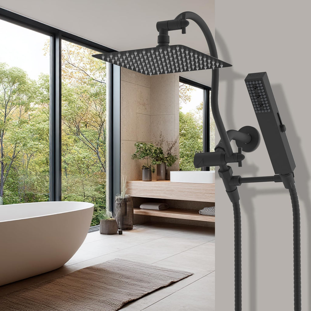 Hibbent All-Metal cUPC Shower Head – 10'' Rainfall, Handheld Combo, 12'' Extension Arm, 4-Spray High-Pressure, Matte Black