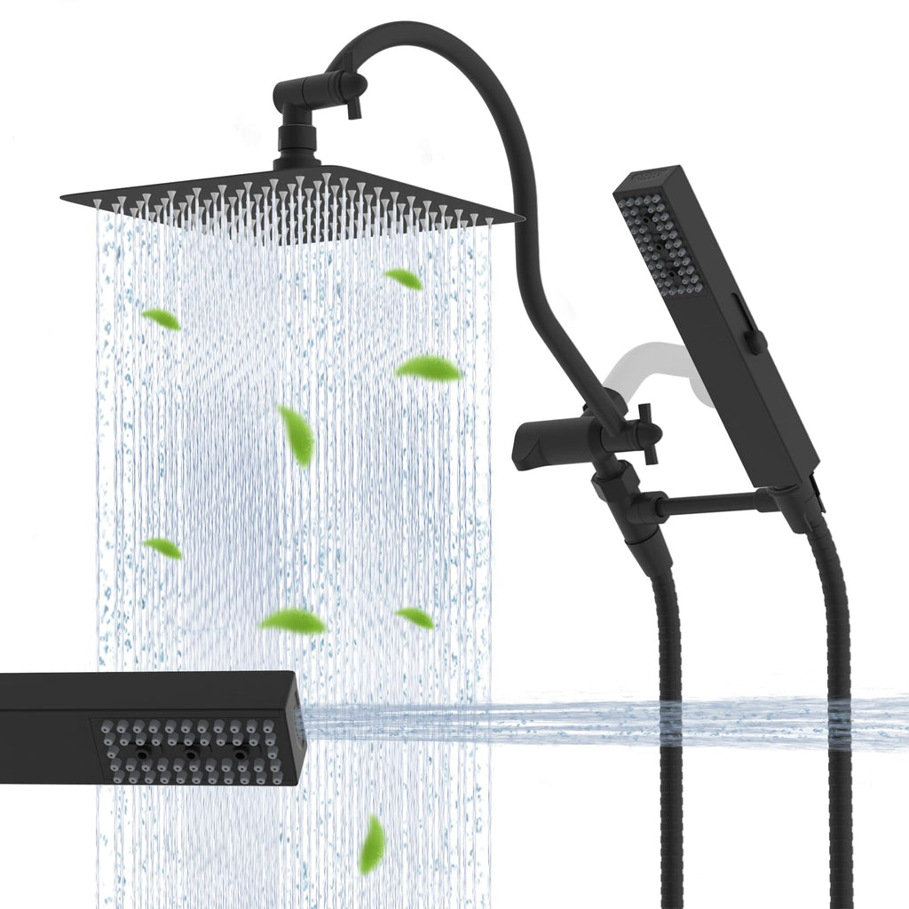 Hibbent All-Metal cUPC Shower Head – 10'' Rainfall, Handheld Combo, 12'' Extension Arm, 4-Spray High-Pressure, Matte Black