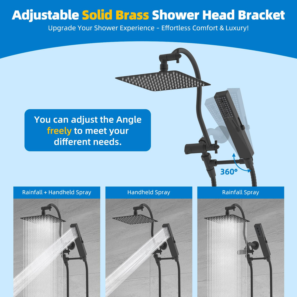 Hibbent All-Metal cUPC Shower Head – 10'' Rainfall, Handheld Combo, 12'' Extension Arm, 4-Spray High-Pressure, Matte Black