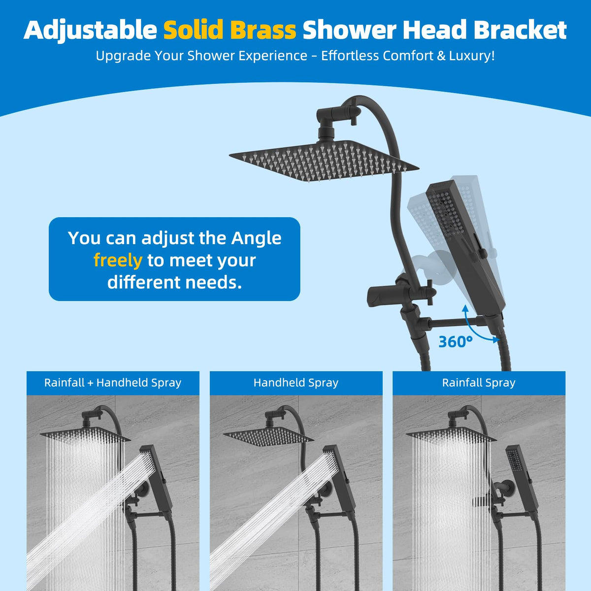 Hibbent All-Metal cUPC Shower Head – 10'' Rainfall, Handheld Combo, 12'' Extension Arm, 4-Spray High-Pressure, Matte Black