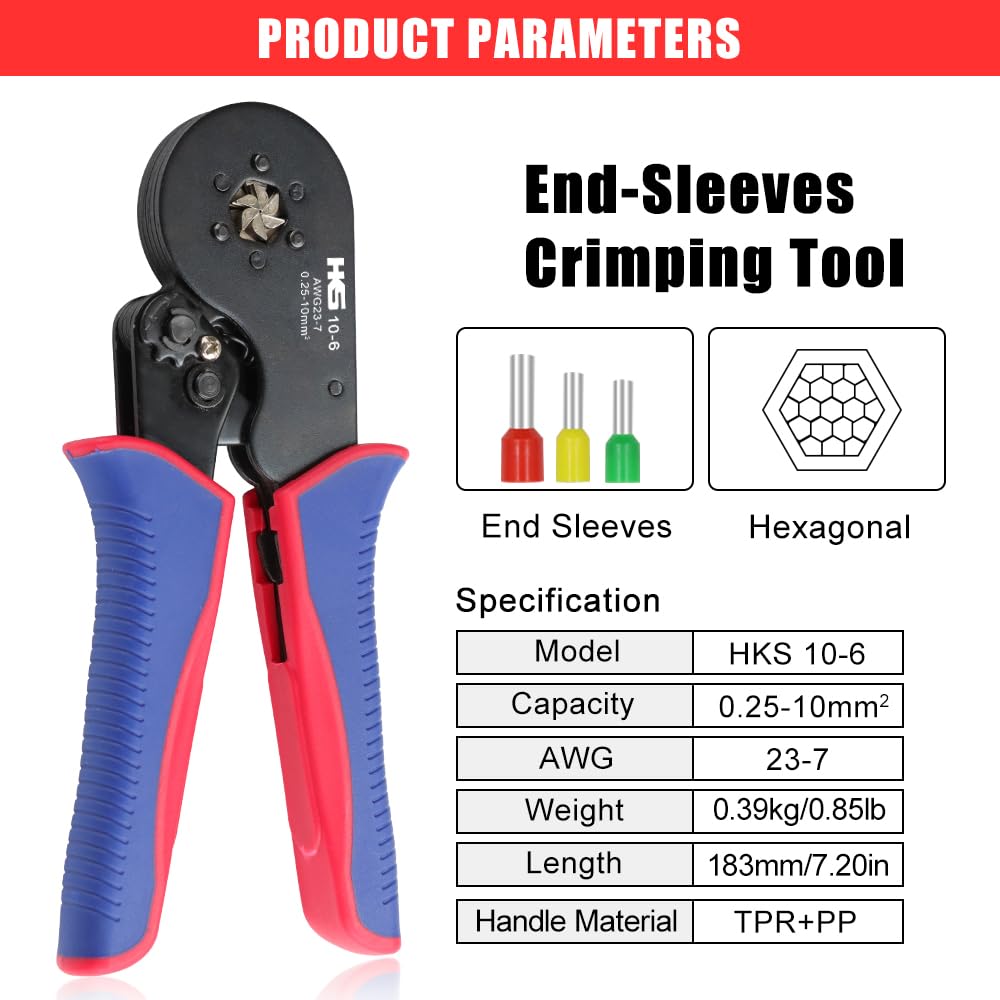 HKS Ferrule Crimping Tool AWG 23-7 | Hexagonal Ratchet Self-Adjusting Crimper for End-Sleeve Terminals