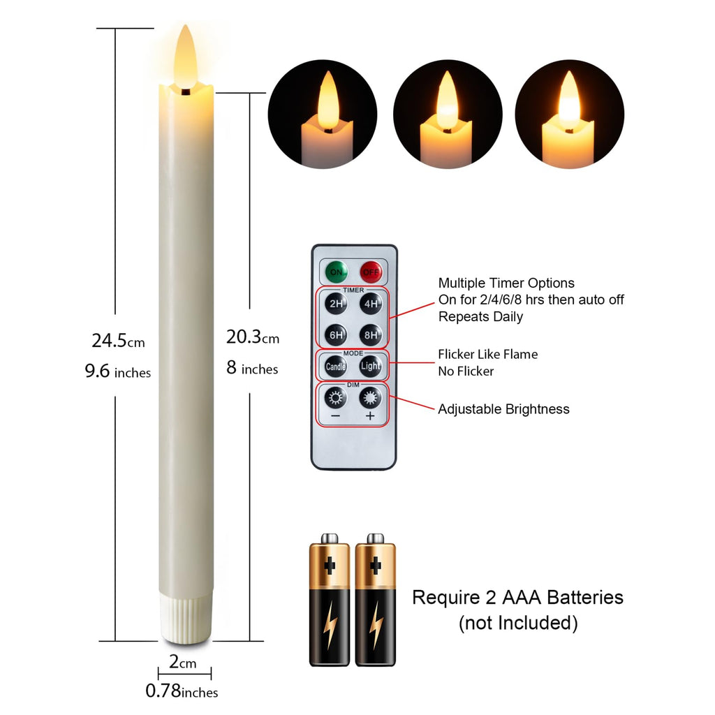 Homemory Waxy Flameless Taper Candles with Remote Timer Dimmer – 9.6-inch Ivory LED Candlesticks (6 Pack)