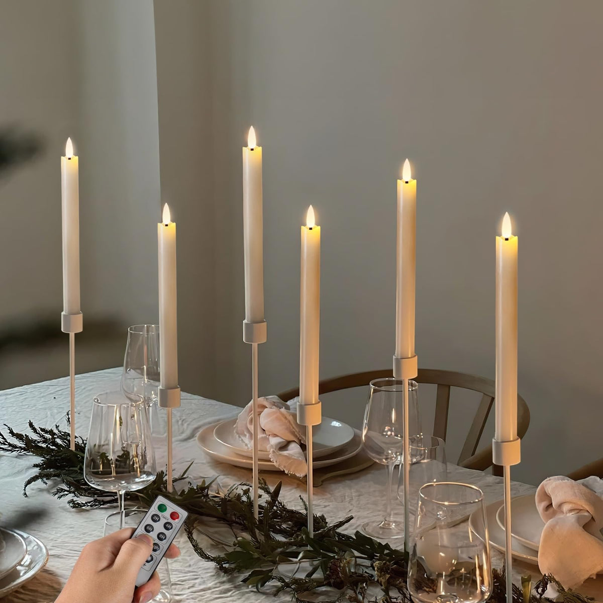 Homemory Waxy Flameless Taper Candles with Remote Timer Dimmer – 9.6-inch Ivory LED Candlesticks (6 Pack)