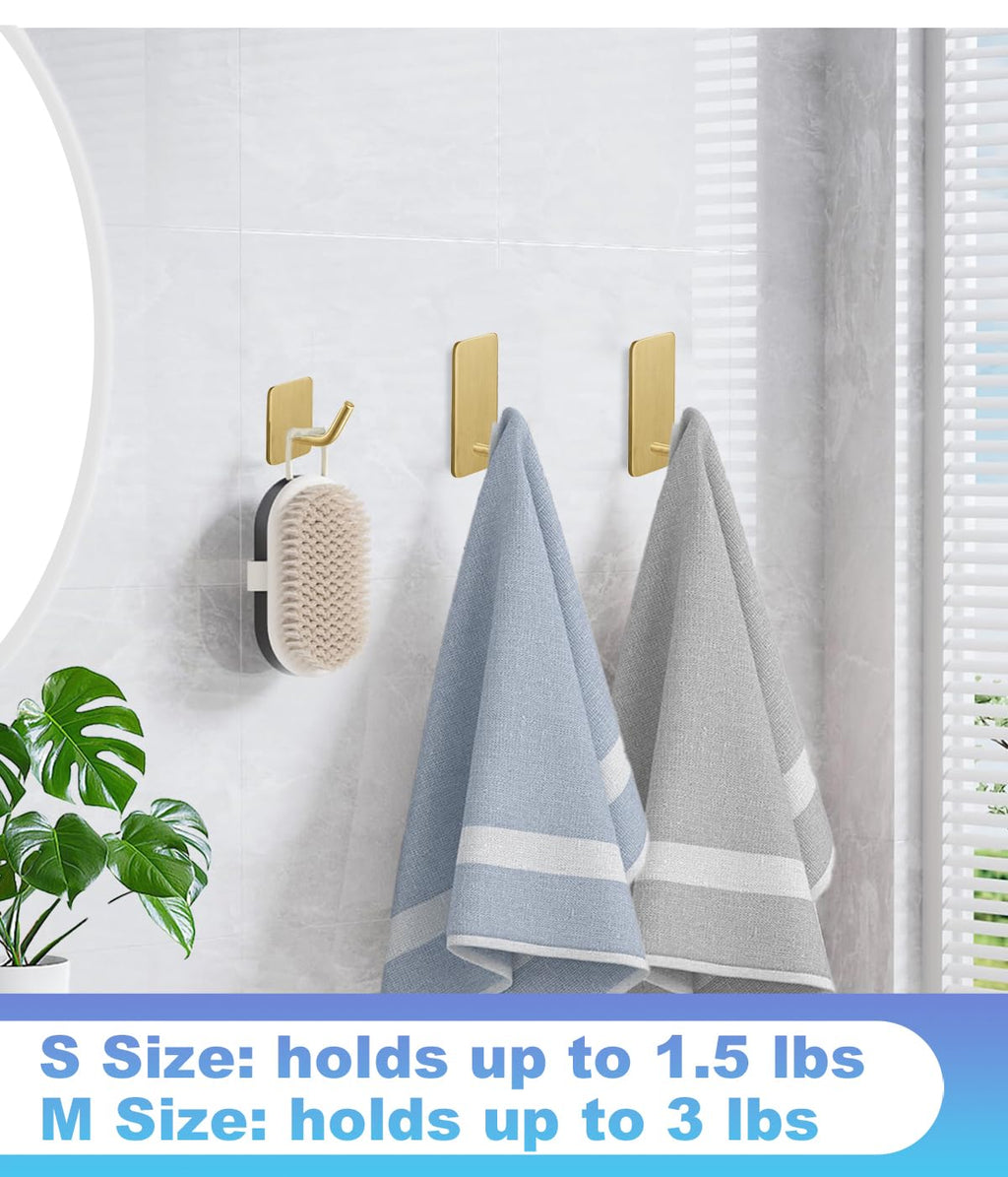 Hoousuper 14 Pcs Towel Hooks with Removable Strips – Heavy-Duty Adhesive Wall Hooks, Gold 304 Stainless Steel