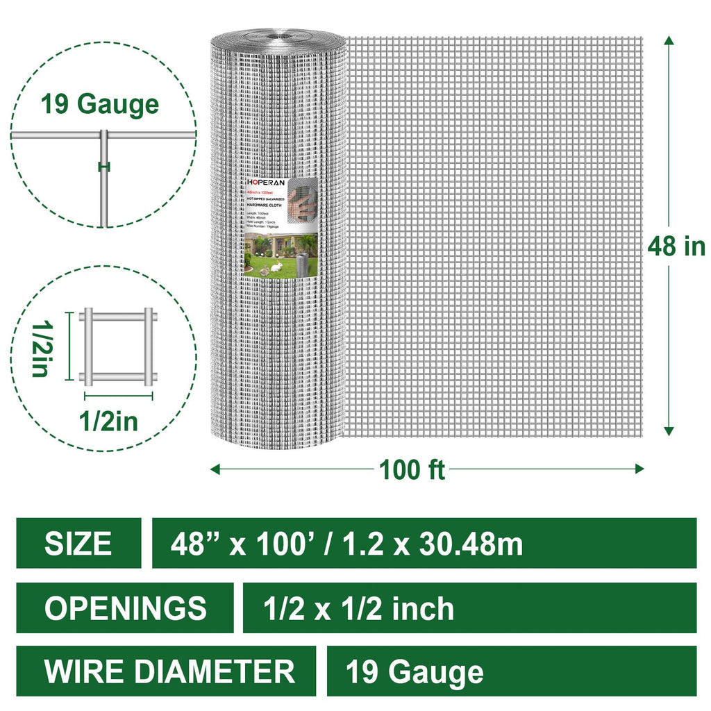 HOPERAN Hardware Cloth 4 ft x 100 ft – 19 Gauge, Galvanized After Welding, 1/2 in Mesh for Garden & Poultry