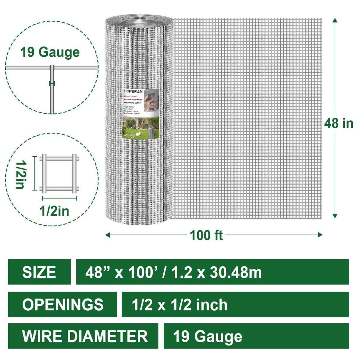 HOPERAN Hardware Cloth 4 ft x 100 ft – 19 Gauge, Galvanized After Welding, 1/2 in Mesh for Garden & Poultry