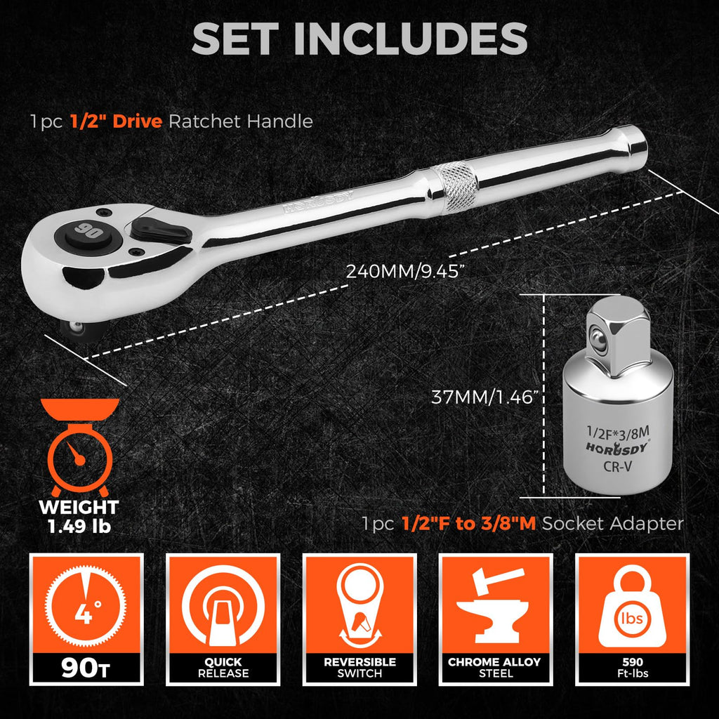 HORUSDY 1/2-Inch Drive 90T Quick-Release Ratchet | Chrome Alloy Socket Wrench
