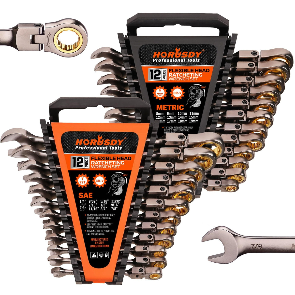 HORUSDY 24-Piece Flex-Head Ratcheting Wrench Set – Metric & SAE, 72-Tooth
