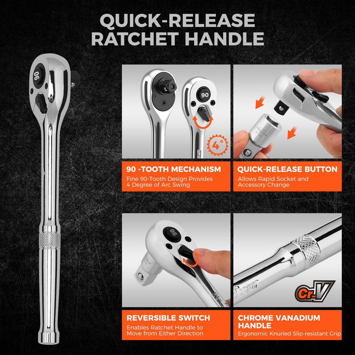 HORUSDY 1/2-Inch Drive 90T Quick-Release Ratchet | Chrome Alloy Socket Wrench