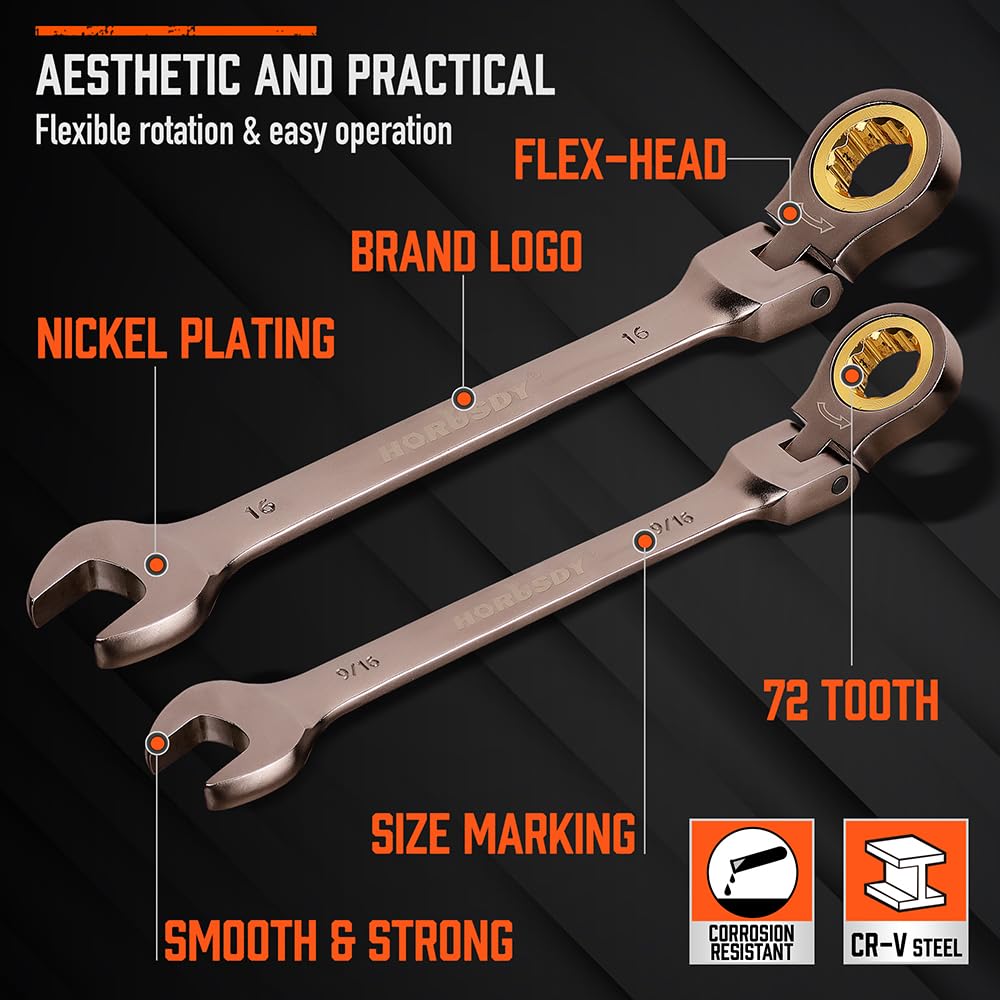 HORUSDY 24-Piece Flex-Head Ratcheting Wrench Set – Metric & SAE, 72-Tooth