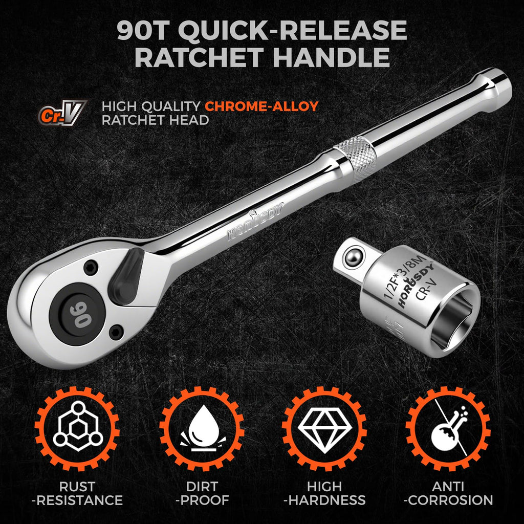 HORUSDY 1/2-Inch Drive 90T Quick-Release Ratchet | Chrome Alloy Socket Wrench
