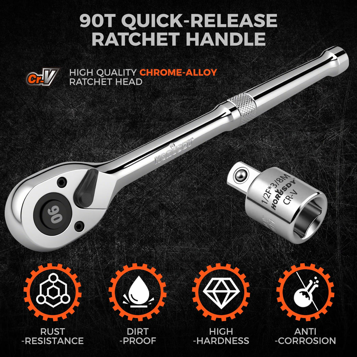 HORUSDY 1/2-Inch Drive 90T Quick-Release Ratchet | Chrome Alloy Socket Wrench