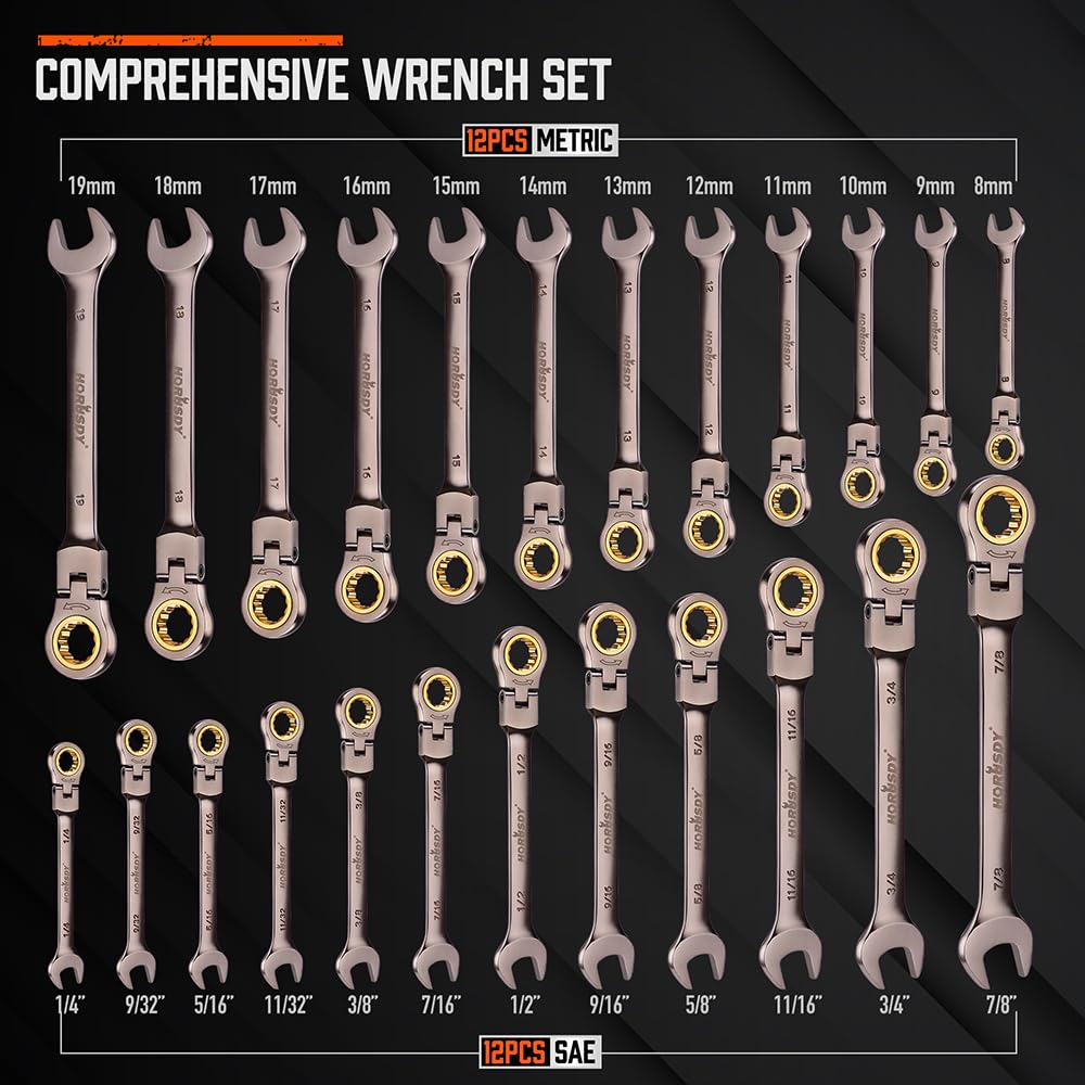 HORUSDY 24-Piece Flex-Head Ratcheting Wrench Set – Metric & SAE, 72-Tooth