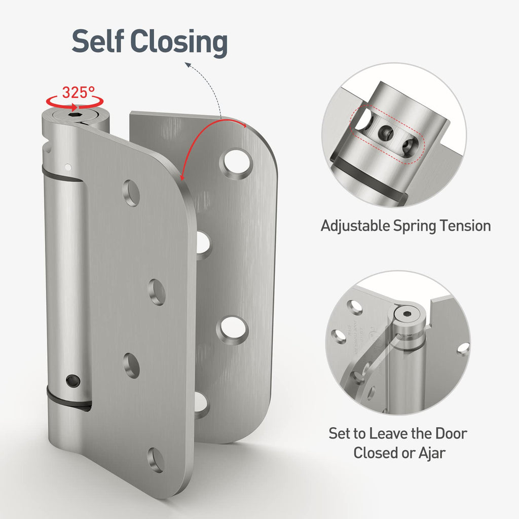HOSOM Self-Closing Hinges – 4 Inch, Adjustable Tension, UL Listed, Left/Right, Brushed Nickel, 2 Pack