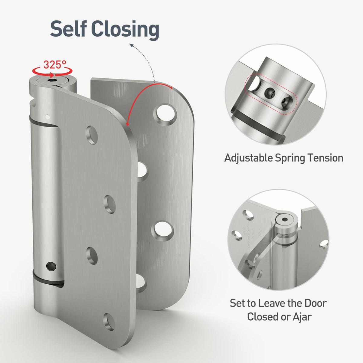 HOSOM Self-Closing Hinges – 4 Inch, Adjustable Tension, UL Listed, Left/Right, Brushed Nickel, 2 Pack