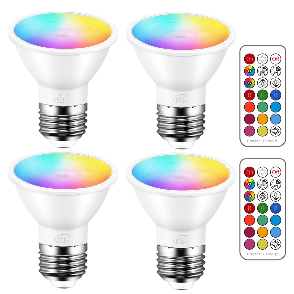 ILC Par16 LED Color Changing Bulbs – 40W Equivalent, 12 Colors, 45° Beam, Dimmable RGB, Remote, Pack of 4