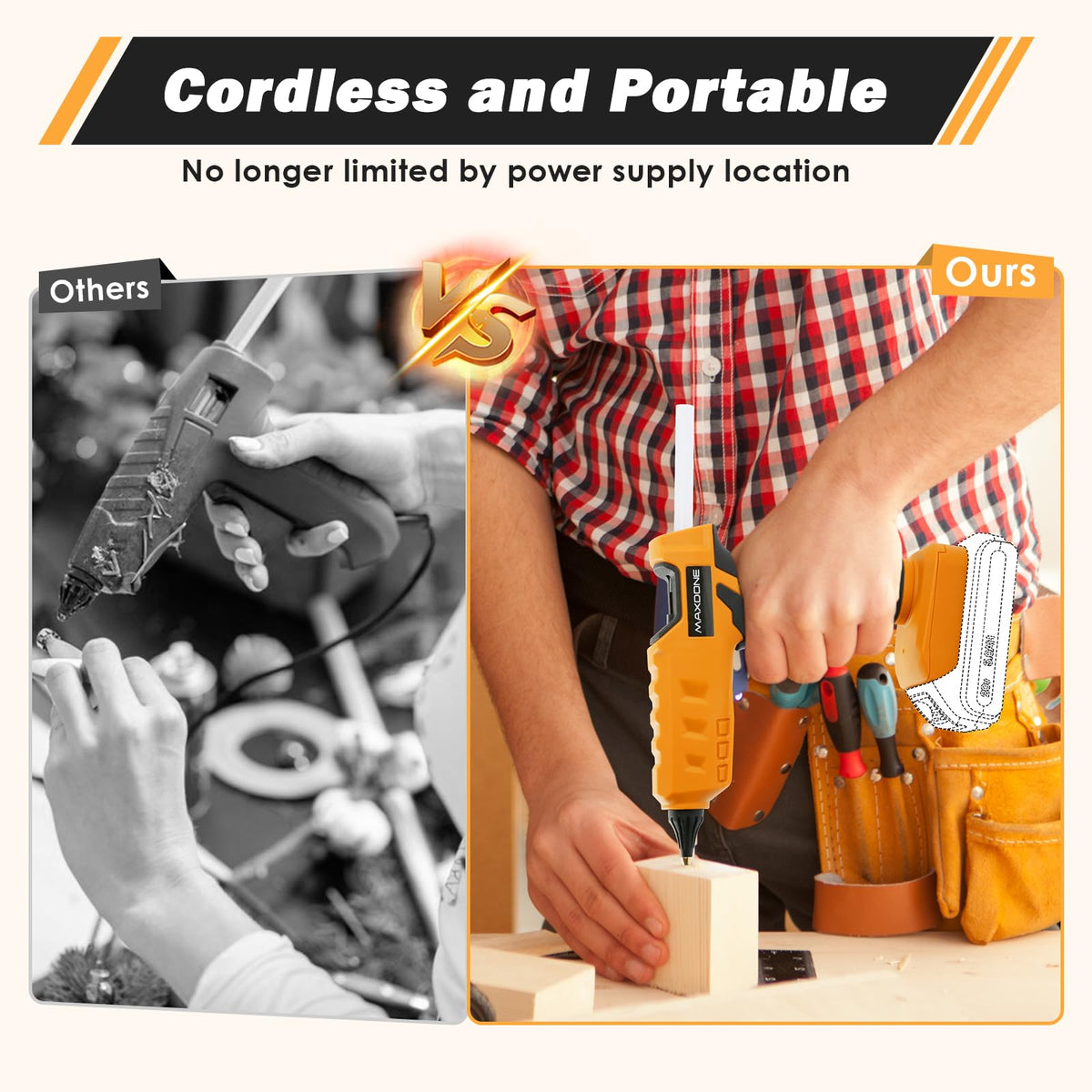 MAXDONE 100W Cordless Glue Gun for DeWalt 20V MAX Battery — Wireless, Full-Size Kit with 12 Glue Sticks