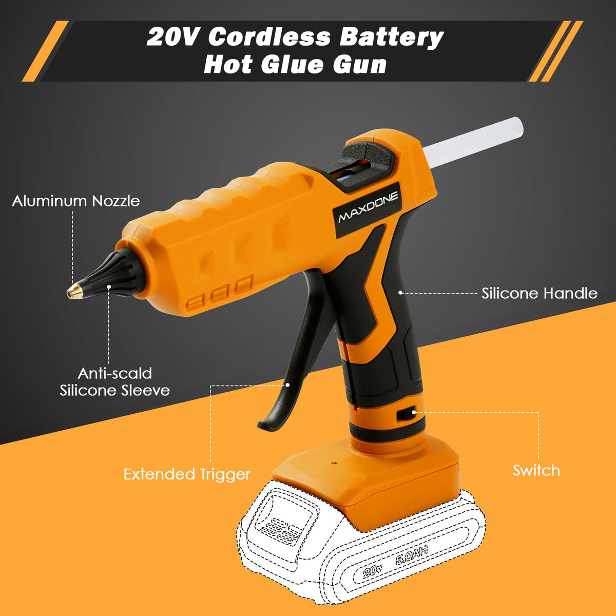 MAXDONE 100W Cordless Glue Gun for DeWalt 20V MAX Battery — Wireless, Full-Size Kit with 12 Glue Sticks