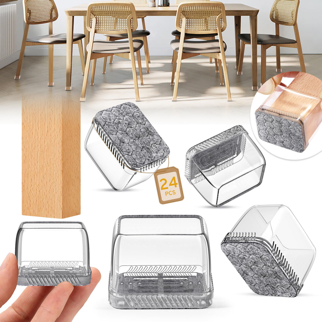 INDEMO 24PCS Rectangular Chair Leg Protectors – Non-Slip Silicone Floor Sliders for Hardwood Floors