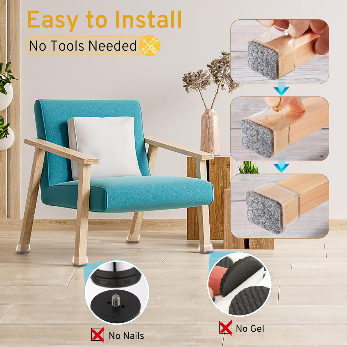 INDEMO 24PCS Rectangular Chair Leg Protectors – Non-Slip Silicone Floor Sliders for Hardwood Floors