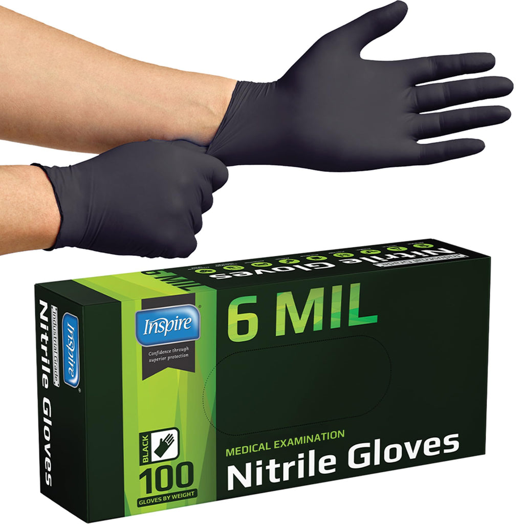 Inspire Black Nitrile Gloves – Heavy Duty 6 Mil, Chemical Resistant, Disposable