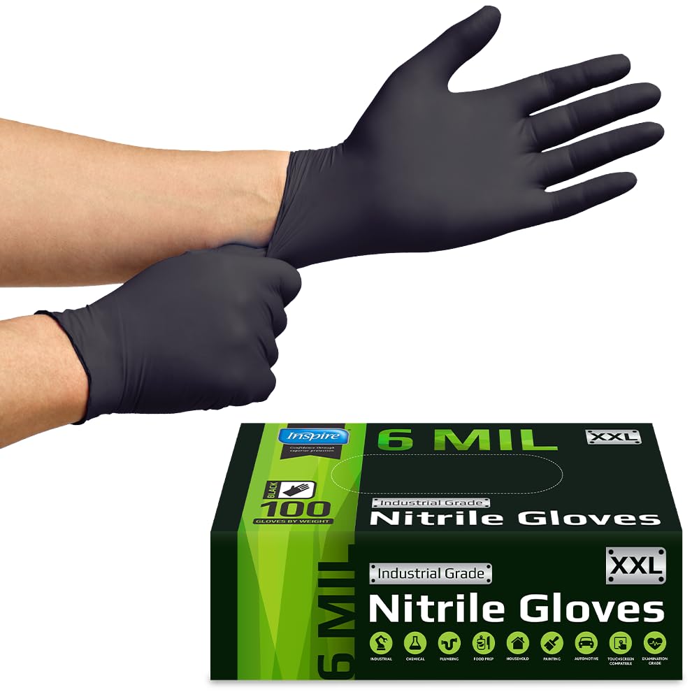 Inspire Black Nitrile Gloves – Heavy Duty 6 Mil, Chemical Resistant, Disposable