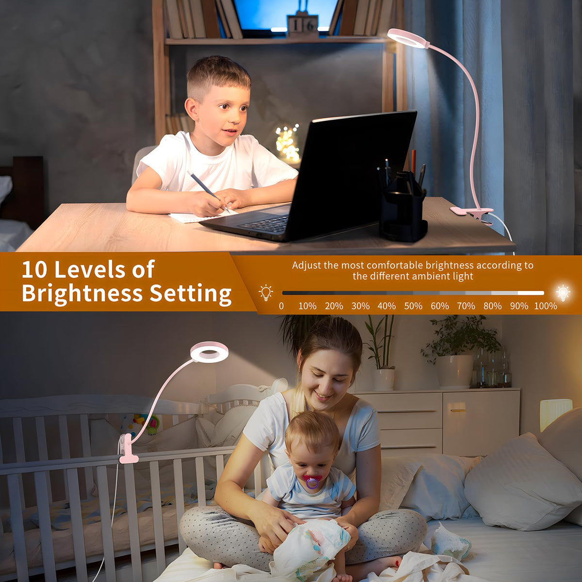 iZELL Desk Lamp Pink Clip-On – 3 Color Modes & 10 Brightness Levels