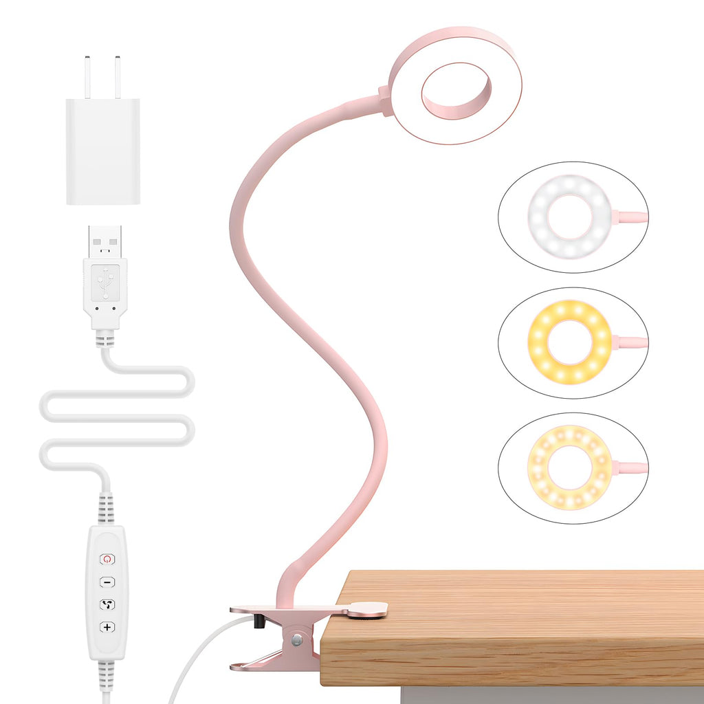 iZELL Desk Lamp Pink Clip-On – 3 Color Modes & 10 Brightness Levels
