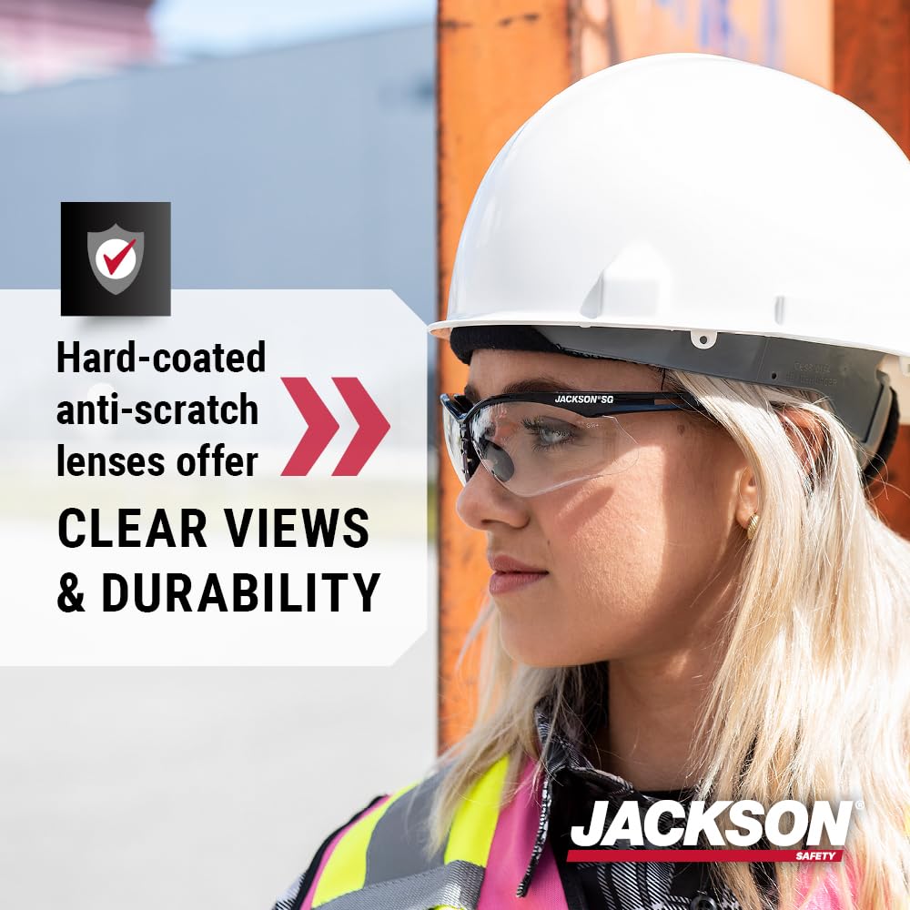 Jackson Safety SG Safety Glasses – Anti-Scratch Lens, Black Frame, ANSI Z87.1, Pack of 3