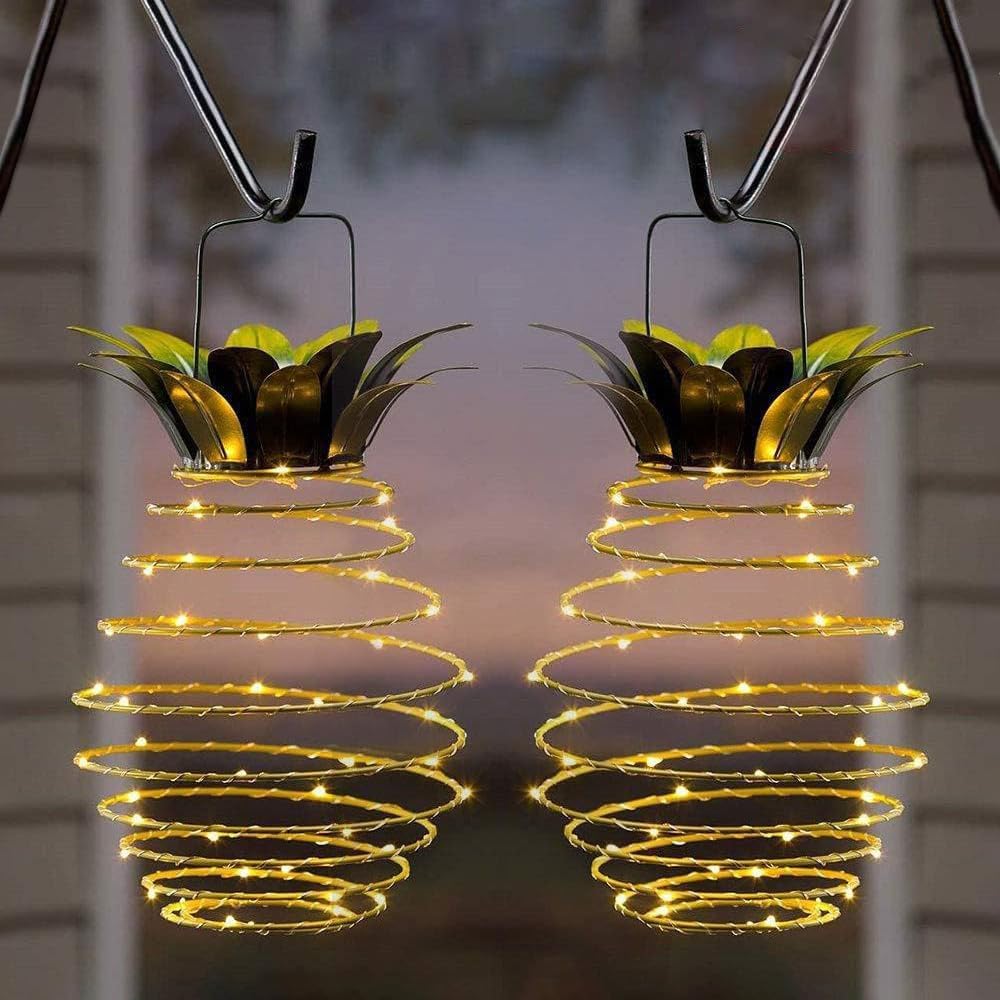 JHPGEOE 2 Pack Outdoor Solar Hanging Lantern Lights – 60LED Waterproof Pineapple Lanterns for Garden & Patio