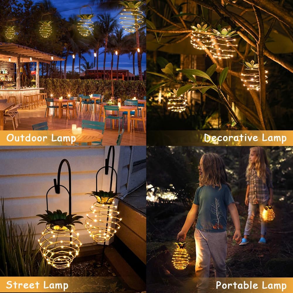 JHPGEOE 2 Pack Outdoor Solar Hanging Lantern Lights – 60LED Waterproof Pineapple Lanterns for Garden & Patio