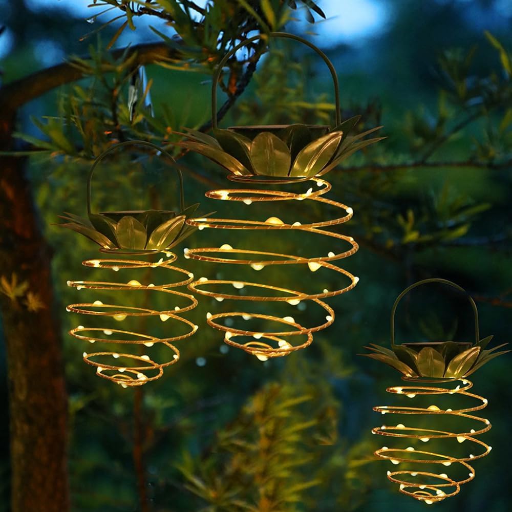 JHPGEOE 2 Pack Outdoor Solar Hanging Lantern Lights – 60LED Waterproof Pineapple Lanterns for Garden & Patio